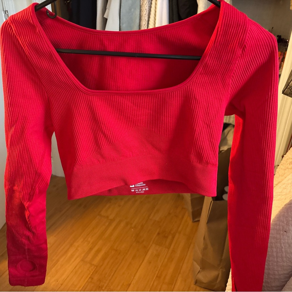 Red Ribbed Long Sleeve Crop Top